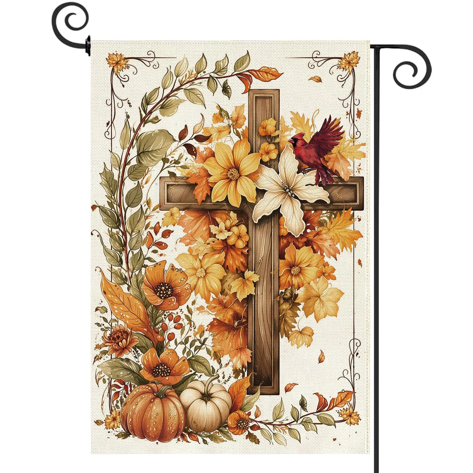 12x18 Inch Double-Sided Burlap Fall Garden Flag, Cross Floral Red Bird Welcome Yard Flag for Autumn Thanksgiving Yard Display, Home Outdoor Porch Decor, Double Side