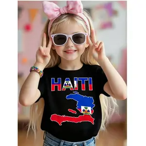 Pure Cotton Unisex T Shirt Featuring Happy Haiti Flag Map and Pride Design with Retro Anime Style and Quick Drying Moisture Proof Fabric