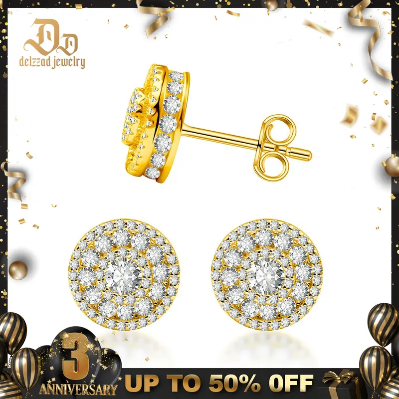 Delzzad S925 Hip Hop Bling Out Circular Stud Earrings Round VVS Synthetic Moissanite Stud Earrings Jewelry Perfect Birthday Mother’s Day Christmas Gift for Men Women Silver Earrings Golden Earrings Wedding Set