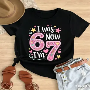 Girls' Cotton Cartoon Athletic Round Neck T-shirt - Short Sleeves, Fitted Cut, 7th Birthday Party Wear, "I'm 6 Now I'm 7" Print, 67 Number & Heart Balloons Design, Micro Elastic Summer Clothes for Kids 3+ Years