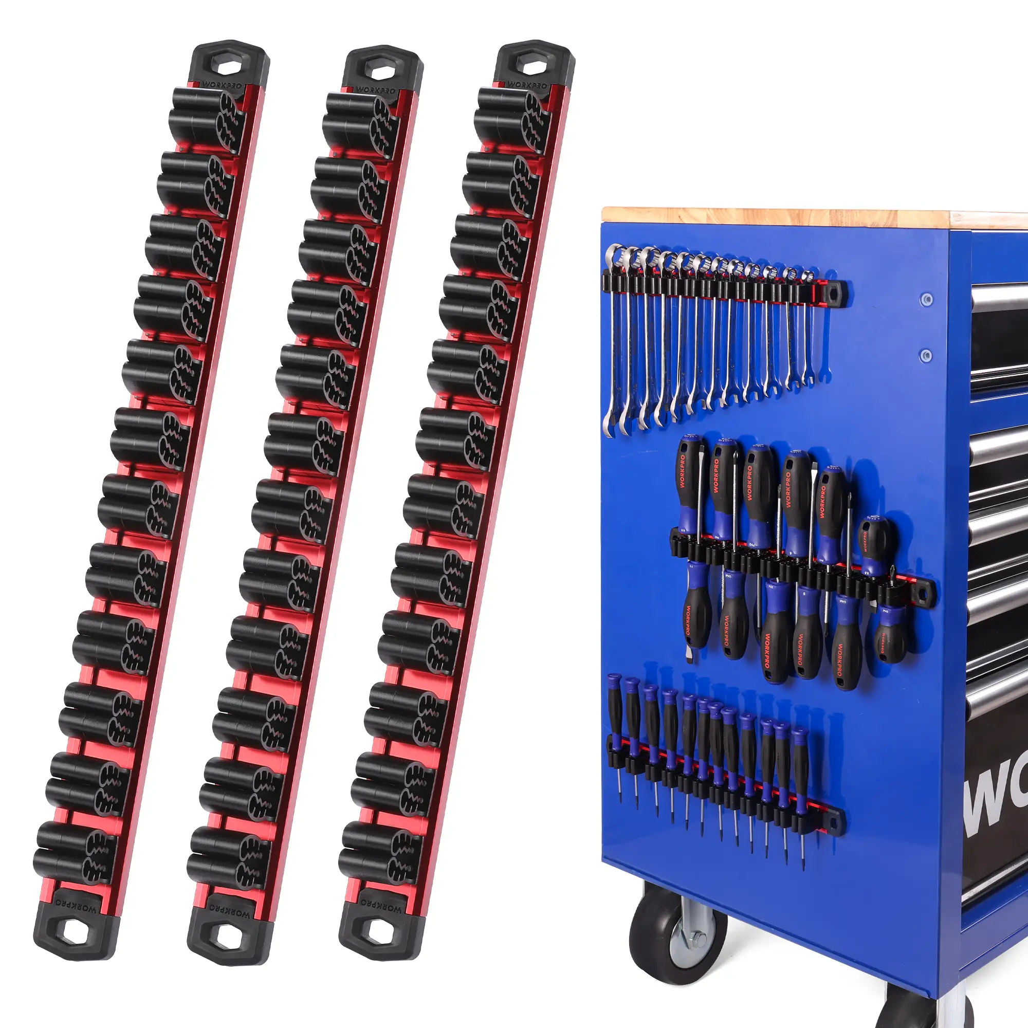 WORKPRO Magnetic Screwdriver and Wrench Organizer Set, 36-Slot Tool Holders | 3-Pack Aluminum Rails, Magnetic Force, Flexible High-Tension Tool Clips, For Tool Box Drawer & Wall-Mount Storage