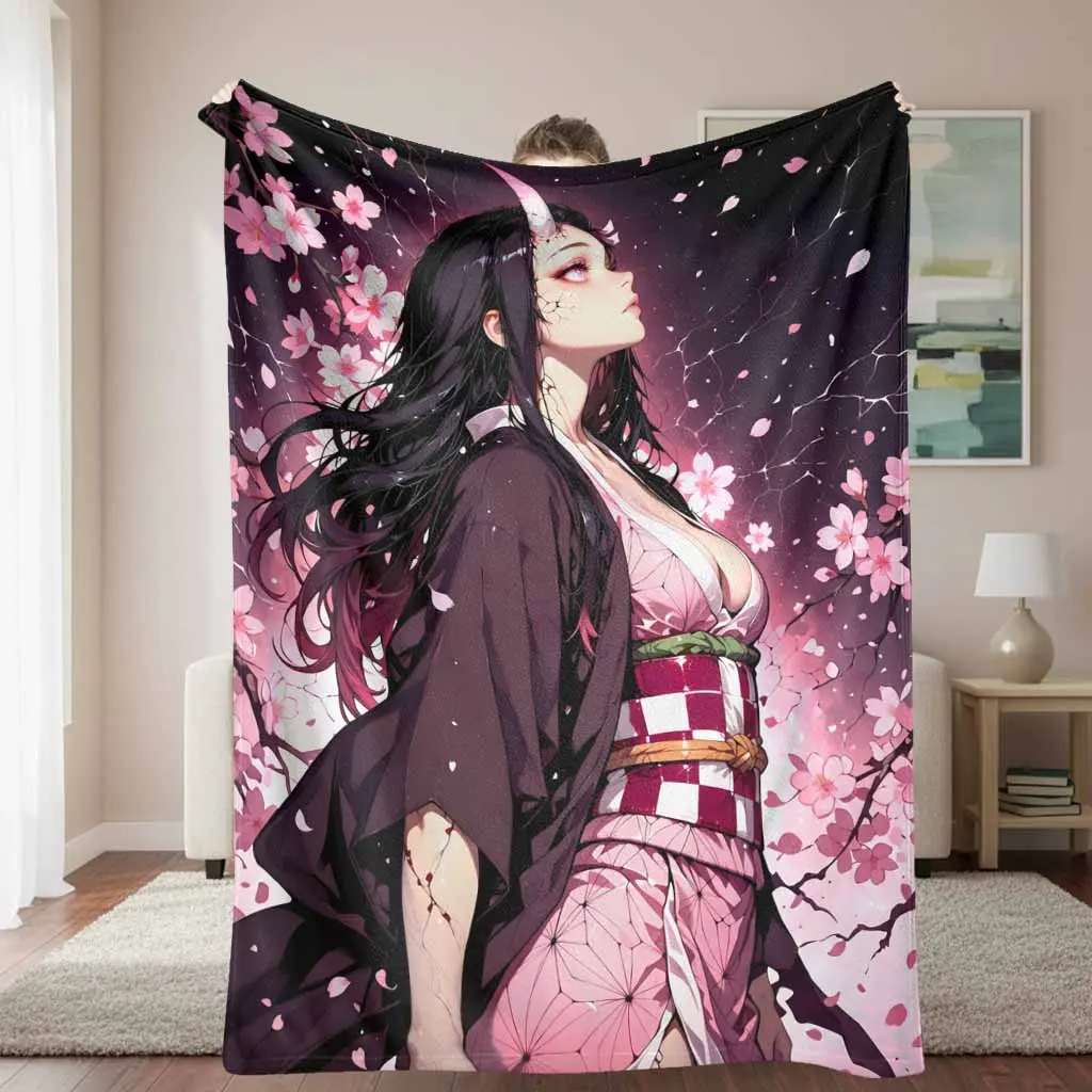 Cherry Flannel Throw Blanket - Japanese Anime Kimono Girl Floral Art, Soft Warm Lightweight Cozy, Flower, Manga, Anime Manga, Asian Style Blankets, Ideal for Bedroom Decor, Sofa Lounge, Anniversary Gift, Flower Blankets
