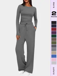 Women's Two-Piece Set Casual Fitted, Pleated Ruched Long Sleeve Top & High Waist Wide Leg Pants, Wearable at Home or Outside, Outfit, Womenswear, Clothes
