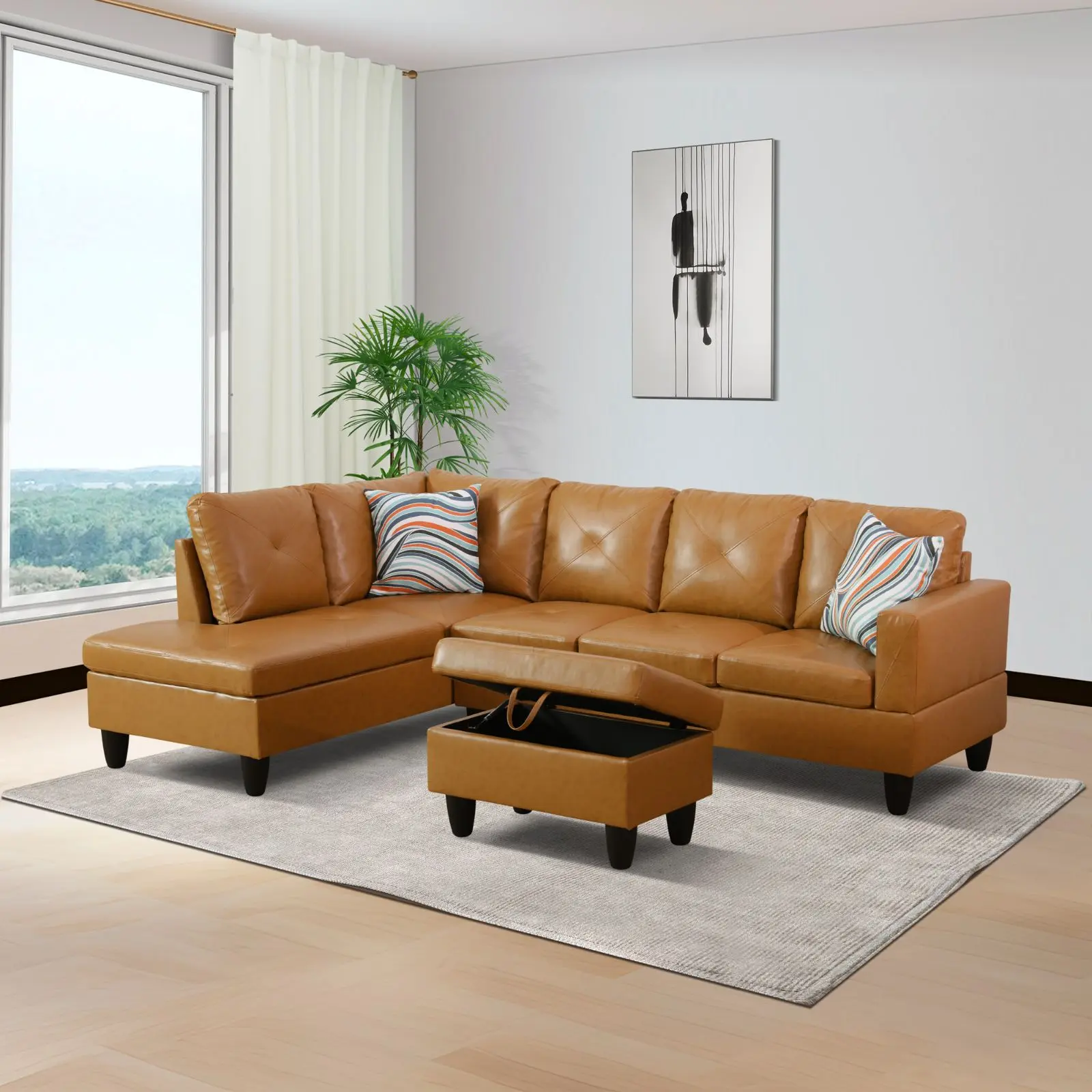 [Deals For You]Ginger Faux Leather 3-Piece Couch Living Room  Set modern modular  l shapes of a no assembly sectional  l-shaped Minimalist Sofa