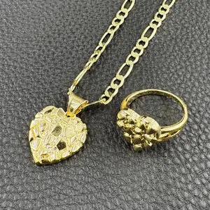 14k gold plated heart shape necklace and nugget ring hip hop fashion jewelry set