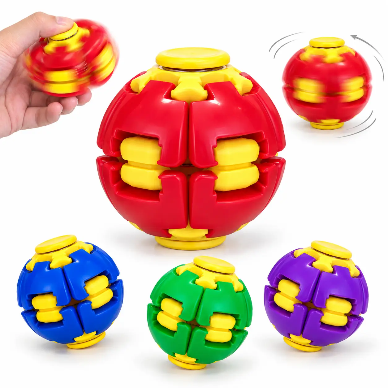 Magic Press & Spin Fidget Ball Toy! Satisfying One-Handed Rotating Puzzle Spinner for Stress Relief & Focus. Colorful Sensory Desk Gadget for Office Travel Kids Adults, Solid & Translucent Colors (Characters: 201)
