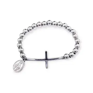 Stainless Steel 8mm Round Bead Stretch Cross Bracelet