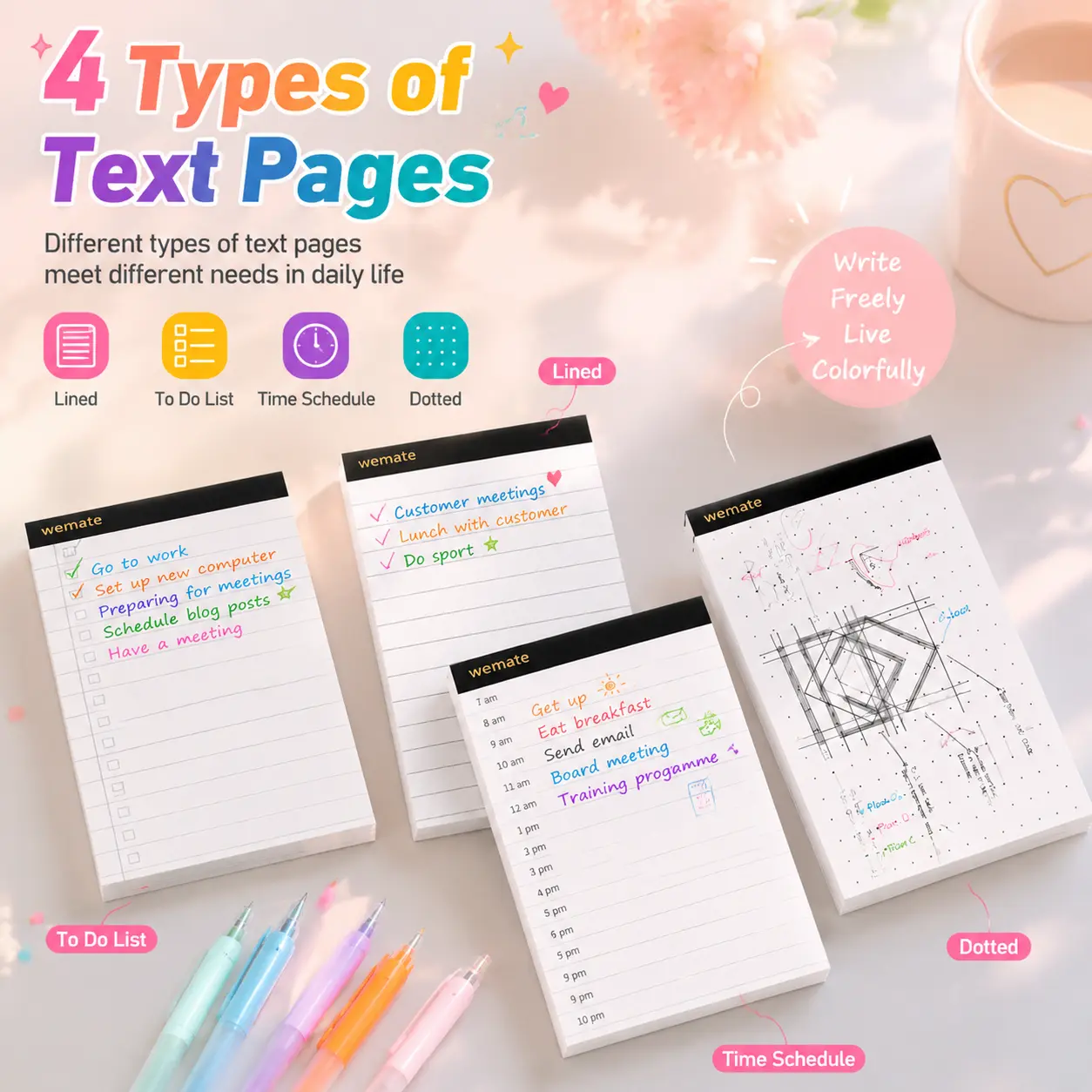 Back to School 4 Pack Daily Planner Memo Pads, 4 Kinds Layout Hour Planner Checklist Dot Lined Notebook, 30 Sheets Each 80GSM Thick Paper for Teachers Students Office Organization
