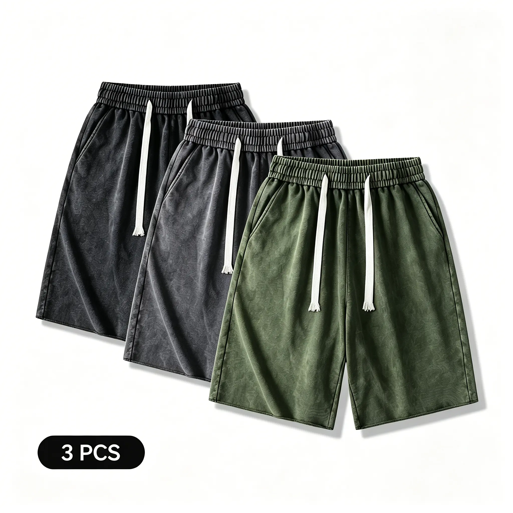Men’s 3-Pack Polyester Chic Vintage Washed Drawstring Mid-Waist Loose-Fitting Knee-Length Casual Athletic Cargo Shorts, Menswear, Dark Gray+Green+Coffee Brown, High-Capacity, Beige Plain, Dry-Cleaning Not Recommended, Do Not Dry Clean