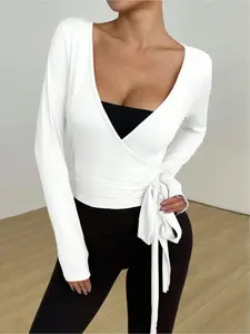 Elegant Women's V Neck Long Sleeve Wrap Top, Slimming Fit Fashionable Belted Shirt Blouse, Versatile Plain Color Casual Wear, Chic