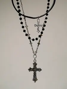 Gothic Dark Cross PU Leather Beaded Multi-Layer Necklace, Vintage Punk Style Party Jewelry for Women, Unique Ladies Accessory, Cross Necklaces, Gothic Mystery Jewelry