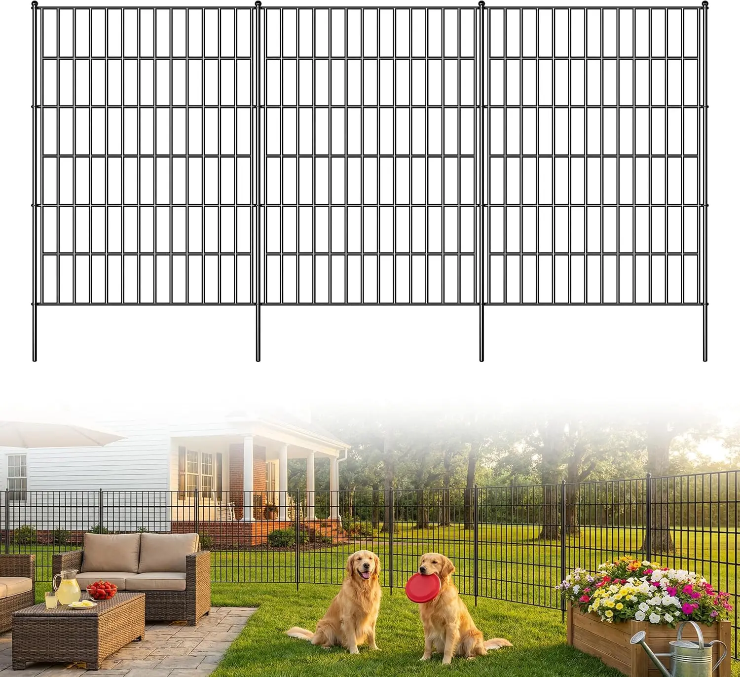 10 Panel No Dig Decorative Garden Fence, 40” x 25ft Rustproof Metal Animal Barrier Fence for Dogs & Rabbits, Outdoor Yard & Patio Border Fencing for Flower Beds, Garden & Pool Areas