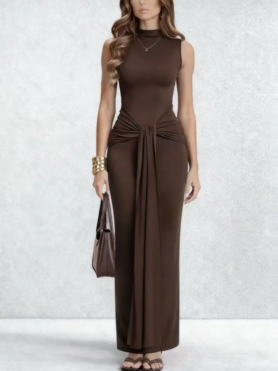 Elegant Brown Maxi Dress with Ruched Detailing and Sleeveless Design for Women