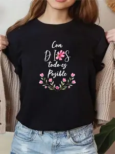100% cotton Con Dios Todo es Posible Shirt Christian Spanish for Womens Women Graphic T-Shirt Cotton Print short Sleeve Casual Top, Summer Tee Womens Tops