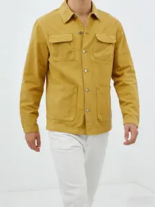 Vintage Mustard Men's Workwear Shirt Jacket, 4 Pockets Metal Button Design, Heavyweight Twill Cotton, Multi-Season City Boy Style