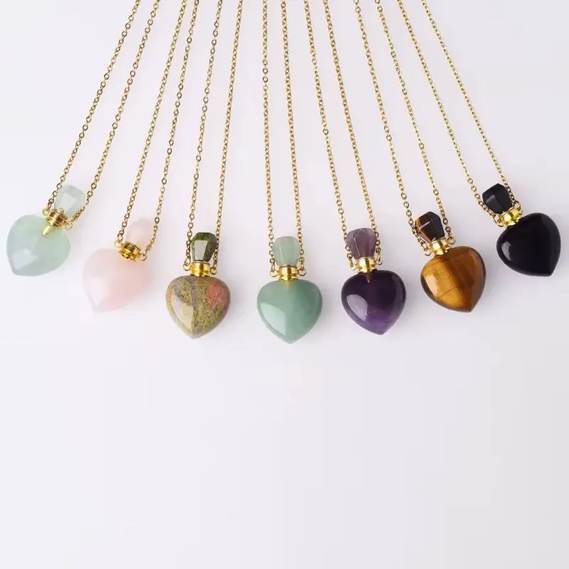 Heart-Shaped Crystal Perfume Bottle Necklace - Healing Gemstone Jewelry with Gold Chain and Heart-Shaped Beads
