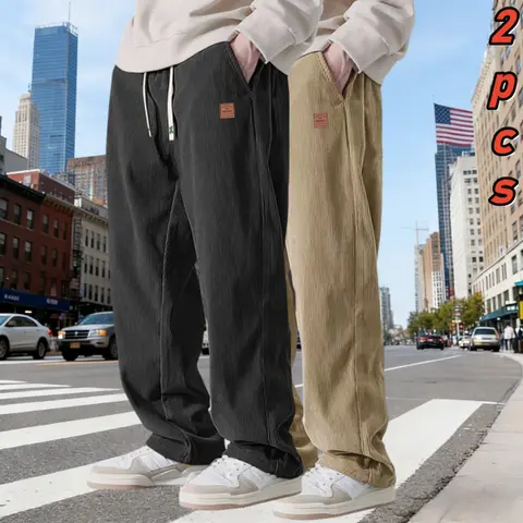 Men's 2-Piece Corduroy Trouser Set - Autumn Winter Chic Straight Loose Casual Sweatpants with Pockets, New Arrival Menswear Bottoms with Corduroy Vibes & Textured Woven Fabric
