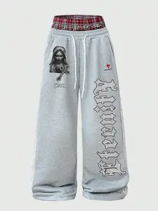 Casual Hip-Hop Style Loose-Fitting Straight Pants for Women, Double Layer Tartan Plaid Waistband, Adjustable Drawstring for Daily and Outdoor Wear