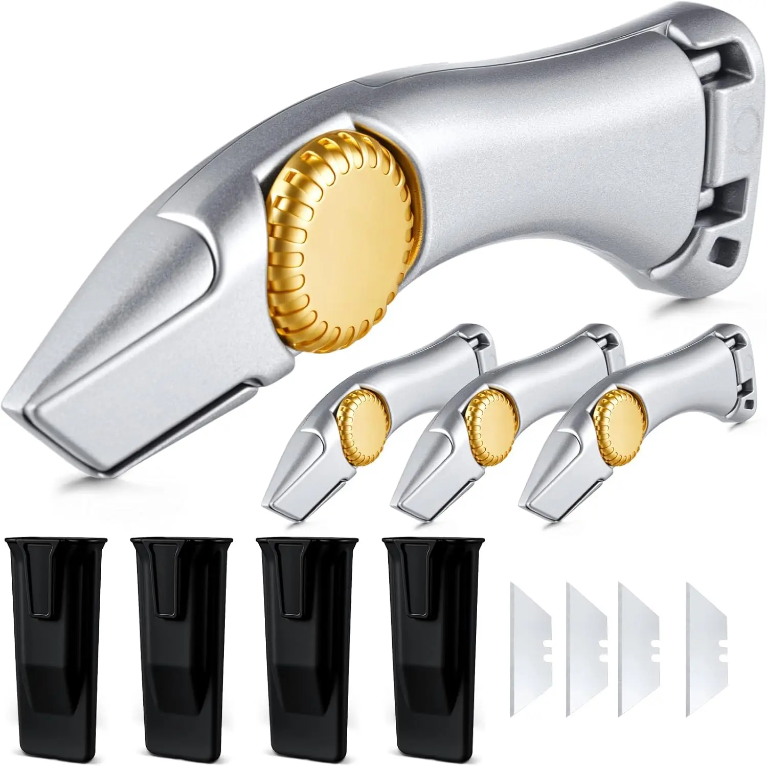 4-Pcs Heavy-Duty Fixed Blade Utility Knives for Roofing, Vinyl & Drywall, Roofer's Tools with Replacement Blades, Holster & Belt Clip, Silver
