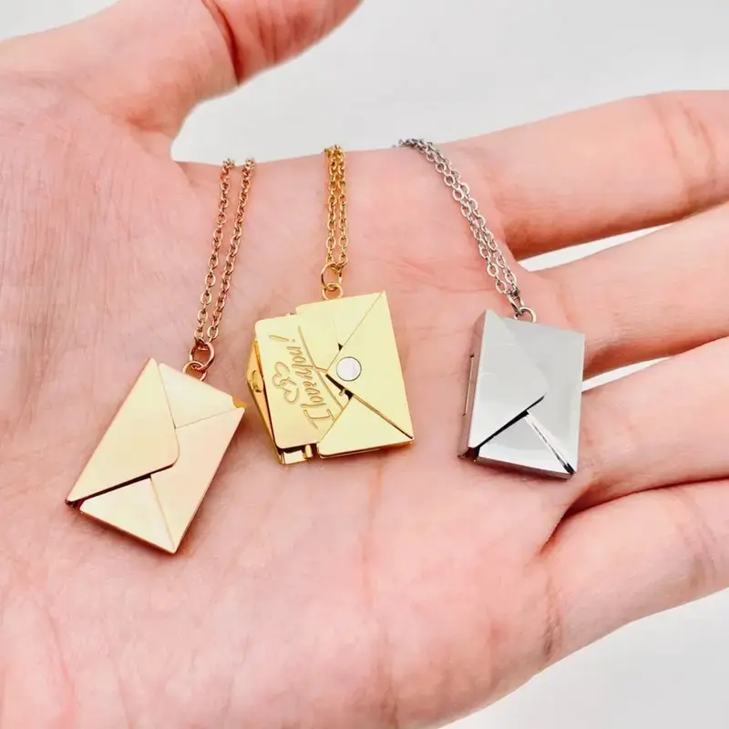 14K Gold Envelope Locket Necklace Custom Engraved Name Tag Letter Photo Pendant Personalized Gift For Women exquisite detail symbolic jewelry mom birthday anniversary christmas