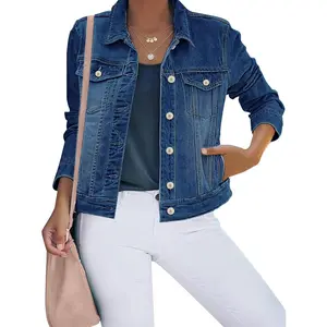 Women's Basic Button Down Stretch Fitted Long Sleeves Denim Jean Jacket