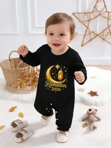 Newborn Baby Unisex Romper with Ramadan Letter Print, Fashion Long Sleeve Round Neck Bodysuit, Casual Fitted for All Seasons