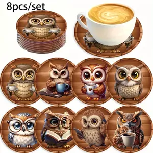 8-piece owl wooden coaster set - heat-resistant and non-slip drink coasters, suitable for kitchen, coffee shop, and party decoration. Autumn coasters, autumn decorations, coffee table coasters, Halloween coasters, autumn home decor, Christmas coasters