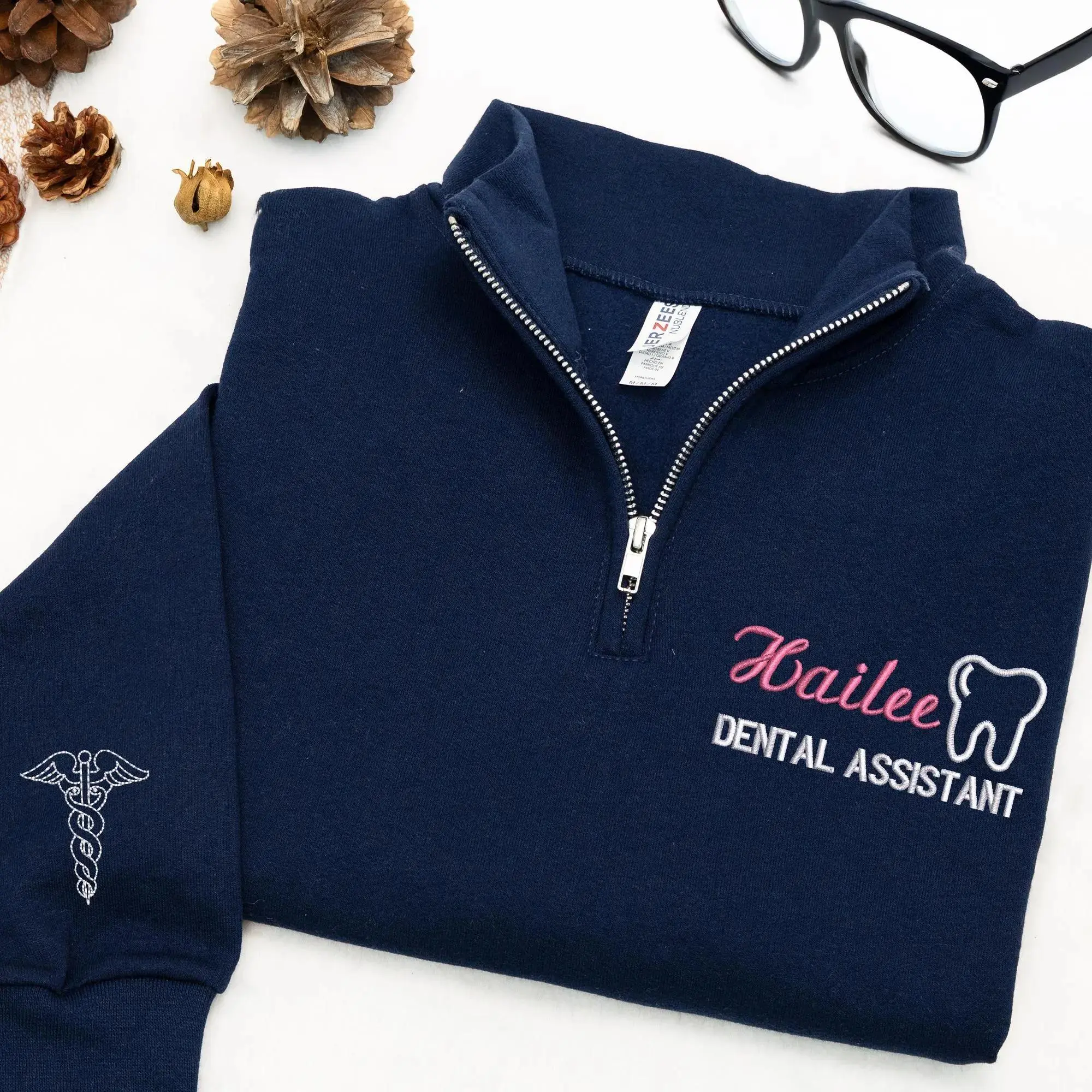 [MAKE IN US]Custom Dental Assistant Quarter Zip Sweatshirt With Name Embroidery, Personalized Gift For Hygienist Or Dental Staff, Cute Workwear Top