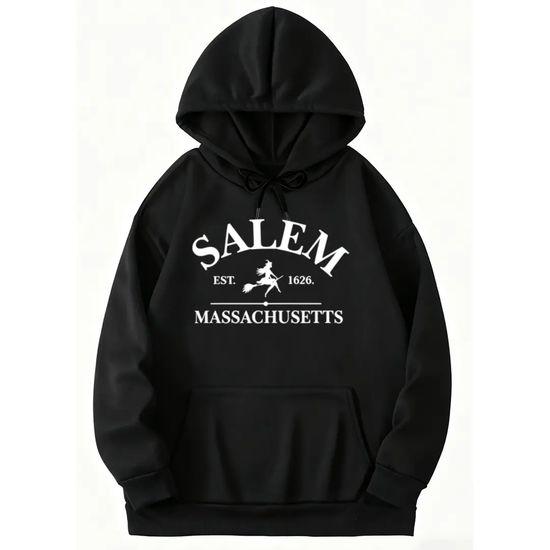 Oversized Long Sleeve Halloween Hoodie with Retro Salem 1626 Flying Witch Silhouette and Classic Crew Neck Design
