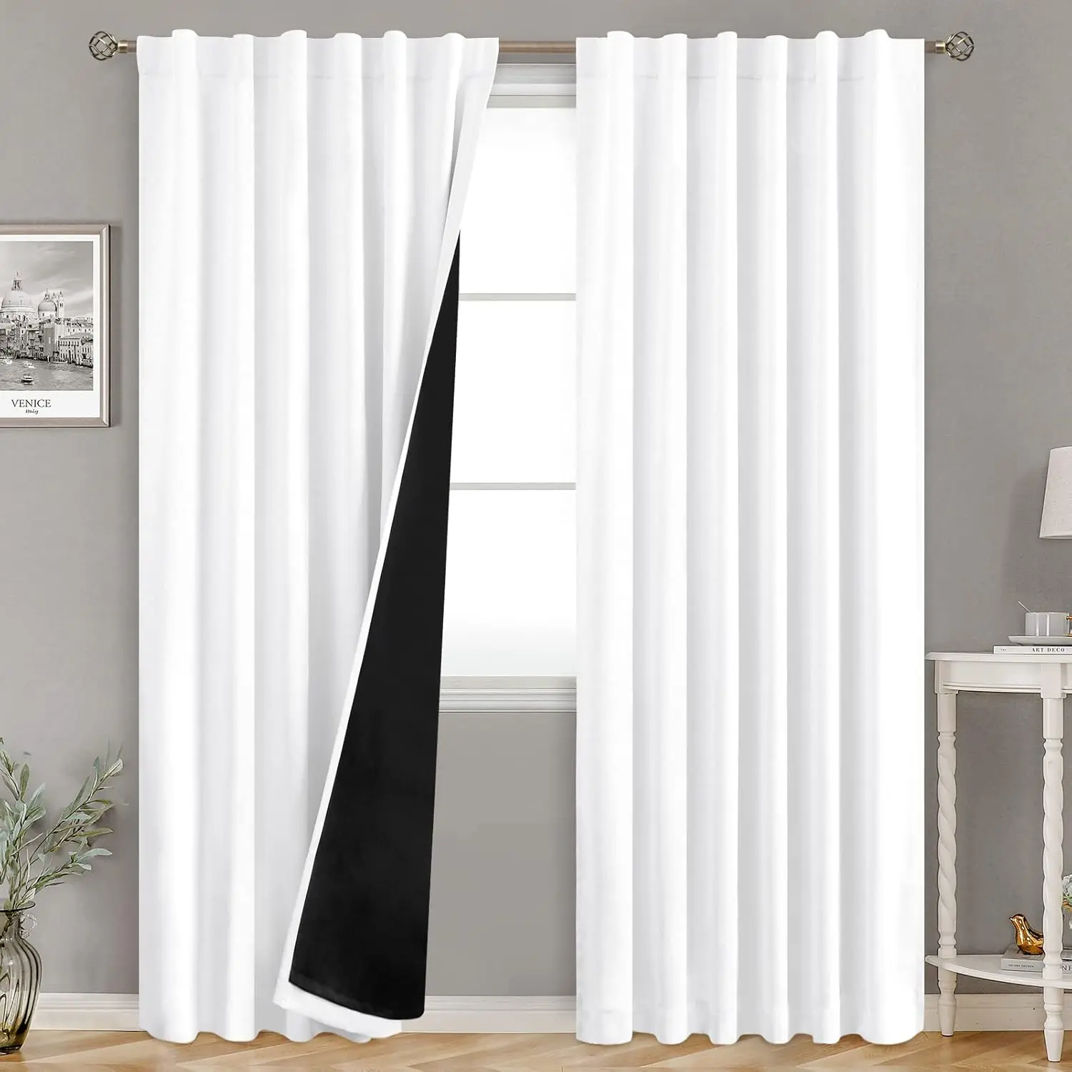 100% Blackout Pure White Curtains with Thermal Liner - 2 Panels (52x84in Each), Rod & Tabs Drapes, Soundproof Curtains for Bedroom/Gaming Room, Watch Ready