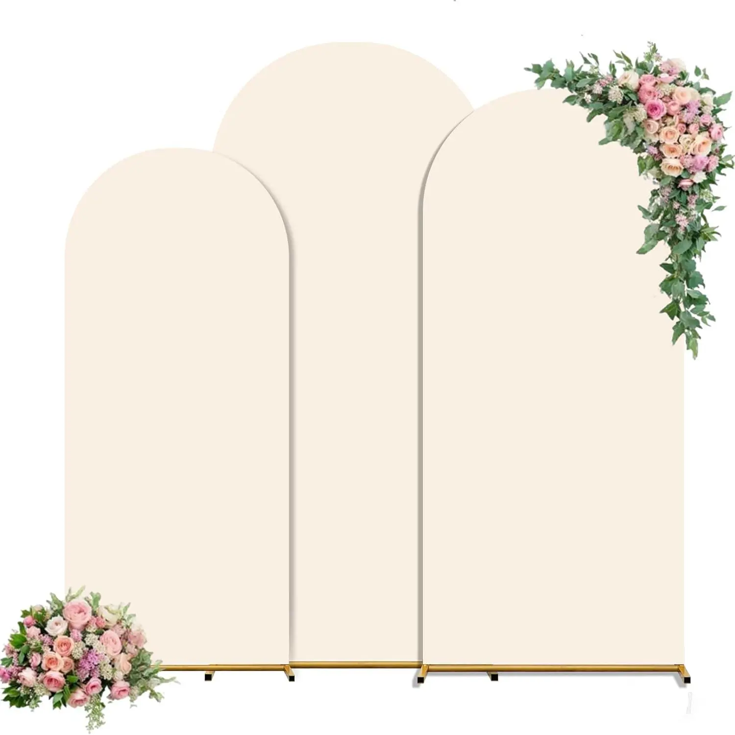 Beige 3-Piece Spandex Round Top Fitted Arch Backdrop Covers (6-6.6-7.2-FT) for Wedding, Baby Birthday Banquet - Festive Photo Backdrop Home Supplies