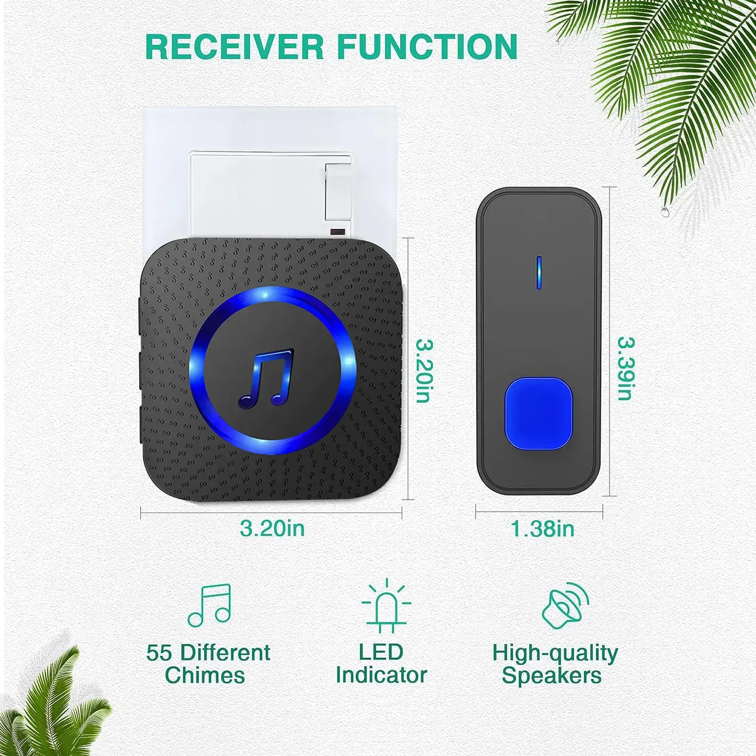 LIKEPAI Wireless Smart Doorbell Kit for Home Safety, IP55 Waterproof Home Security Door Bell with Digital Intercom, 2 Plug-In Receivers, 52 Chimes, LED Flash Visitor Alerts, 5 Volume Levels, 2 Screws, 3-Year Durability
