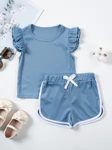 Toddler Cute 2Pcs Sets Girl's Solid Ruffle Trim Tee & Lettuce Trim Shorts Set, Casual Round Neck Top & Shorts for Daily Wear, Kids Summer Clothes