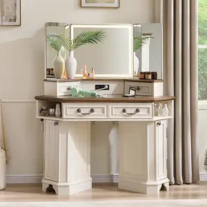 OKD 48 "Rustic Vanity - Tri-Fold Mirror, 3-Color Dimmable Lights, Large Lighted Makeup Table with Glass Top & Charging Station, 3 Drawers, 2 Cabinets