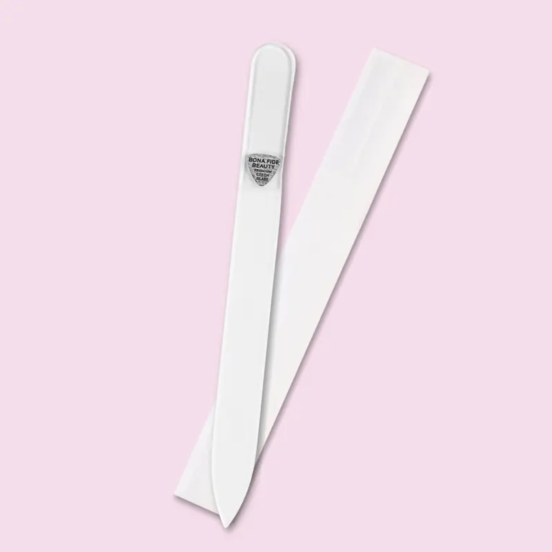 BONA FIDE BEAUTY Antibacterial Czech Glass Nail File - Double-Sided Tempered Made of Glass Tool with Etched Grit, Travel-Size Professional Supply with Hard Case, Keratin-Friendly for Adults to Seal Layers, Prevent Chipping/Splitting