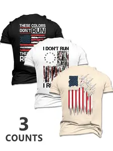 Men's Hot Selling 3-Piece Set Matching Flag Pattern Letter Print Fitted Breathable Art Graphic Tee T-Shirts, Short Sleeve Round Neck Pullover, Casual Summer Tops for Daily Wear Menswear