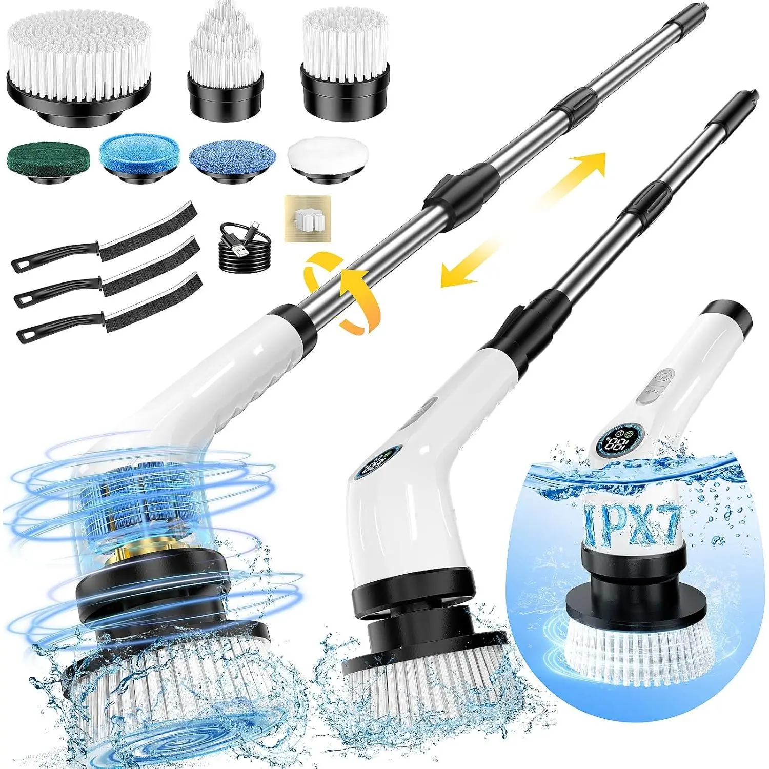 Cordless Electric Spin Scrubber - Wireless IPX7 Full-Body Waterproof Cleaning Tool, Rechargeable, Dual Speeds, Adjustable Long Handle, 7 Replaceable Oscillate Heads, Polypropylene Build, Washable for Bathroom, Kitchen (Family Ideal), Handheld Cleaning Bru