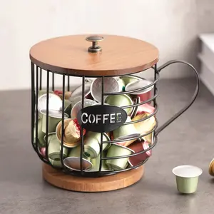 PrimPick Large-capacity coffee capsule stand with wooden base - modern scratch-resistant wire basket, suitable for espresso capsules and coffee beans - the perfect choice for kitchen, bar and restaurant decoration