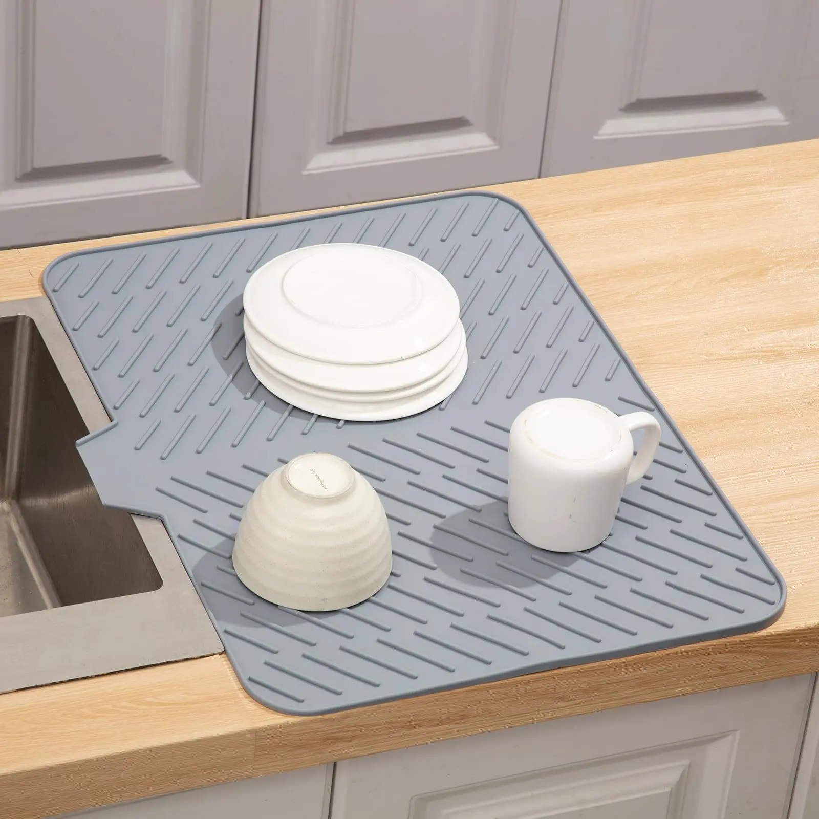 1pc Grey Silicone Dish Drying Mat for Kitchen Counter - Heat-Resistant, Non-Slip, Quick-Dry, Space-Friendly Draining Board with Built-In Drain, Foldable, Shelf-Compatible, Dishwasher-Safe, Hangable, Roll-Up Storage, 23"x17"