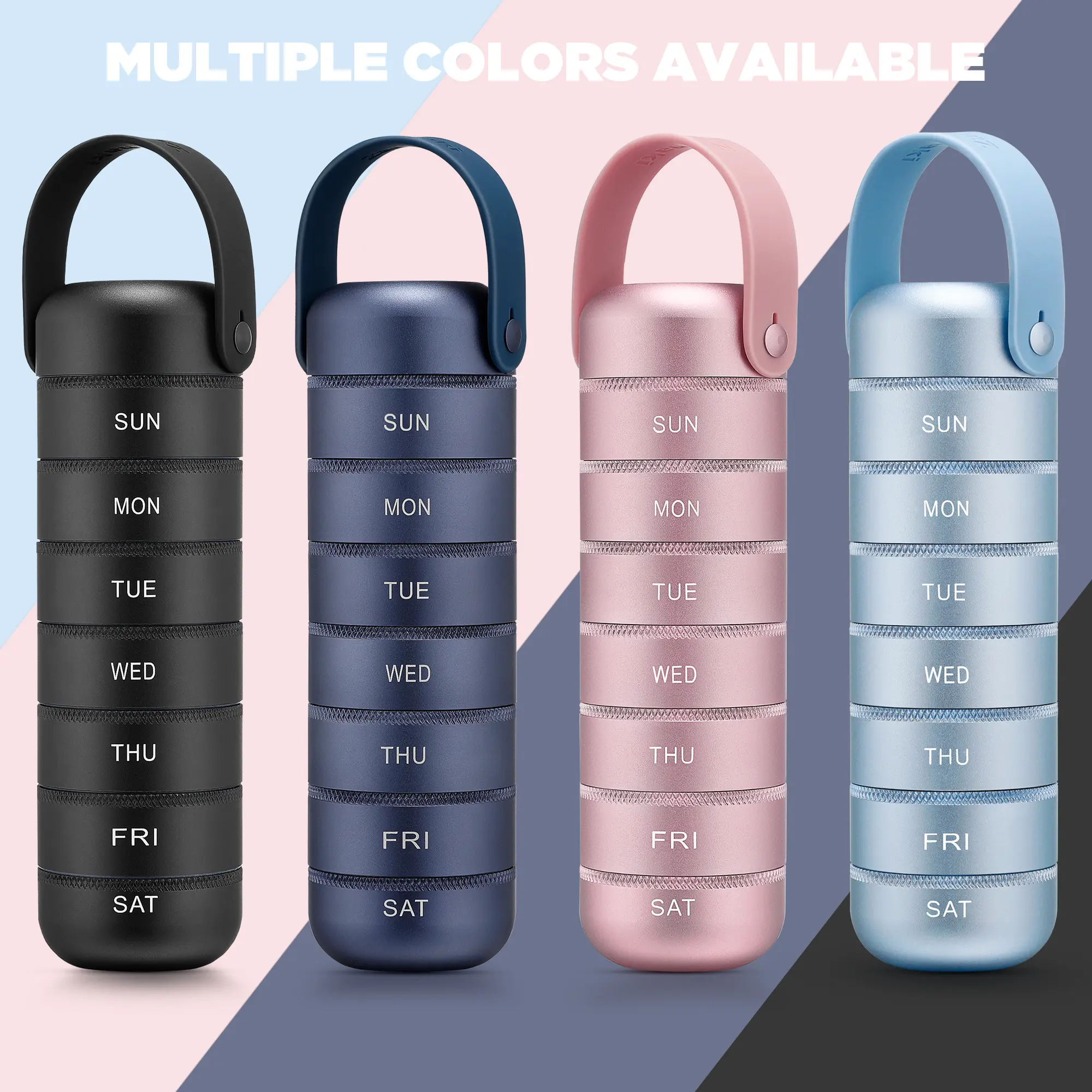 Zannaki Metal Weekly Pill Organizer, Large Travel Pill Box 7 Day, Waterproof Daily Pill Case with Silicone Handle, Aluminum Alloy Portable Pill Holder Container for Vitamin, Medicine, Supplement,Pills, Christmas Gifts