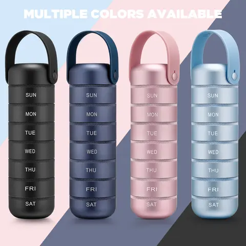 Zannaki Prop 65 Safe 7-Day Week Slots Pill Organizer, Portable Travel Size Aluminum Alloy & Silicone Storage Bin with Lid, Waterproof Holder with Silicone Grip Handle for Vitamins, Home Organizer, 7Day Week Slots