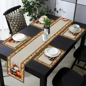 1 piece/4 piece/5 piece set/7 piece set, table flag+placemat set, autumn pumpkin flower pattern kitchen table flag placemat set, suitable for seasonal kitchen tabletop decoration and home dining table party decoration