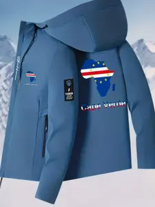 Men's African Map Print Windproof Jacket, Cape Verde Flag & Africa Outline, All-Weather Full Zip Hooded Outdoor Jacket