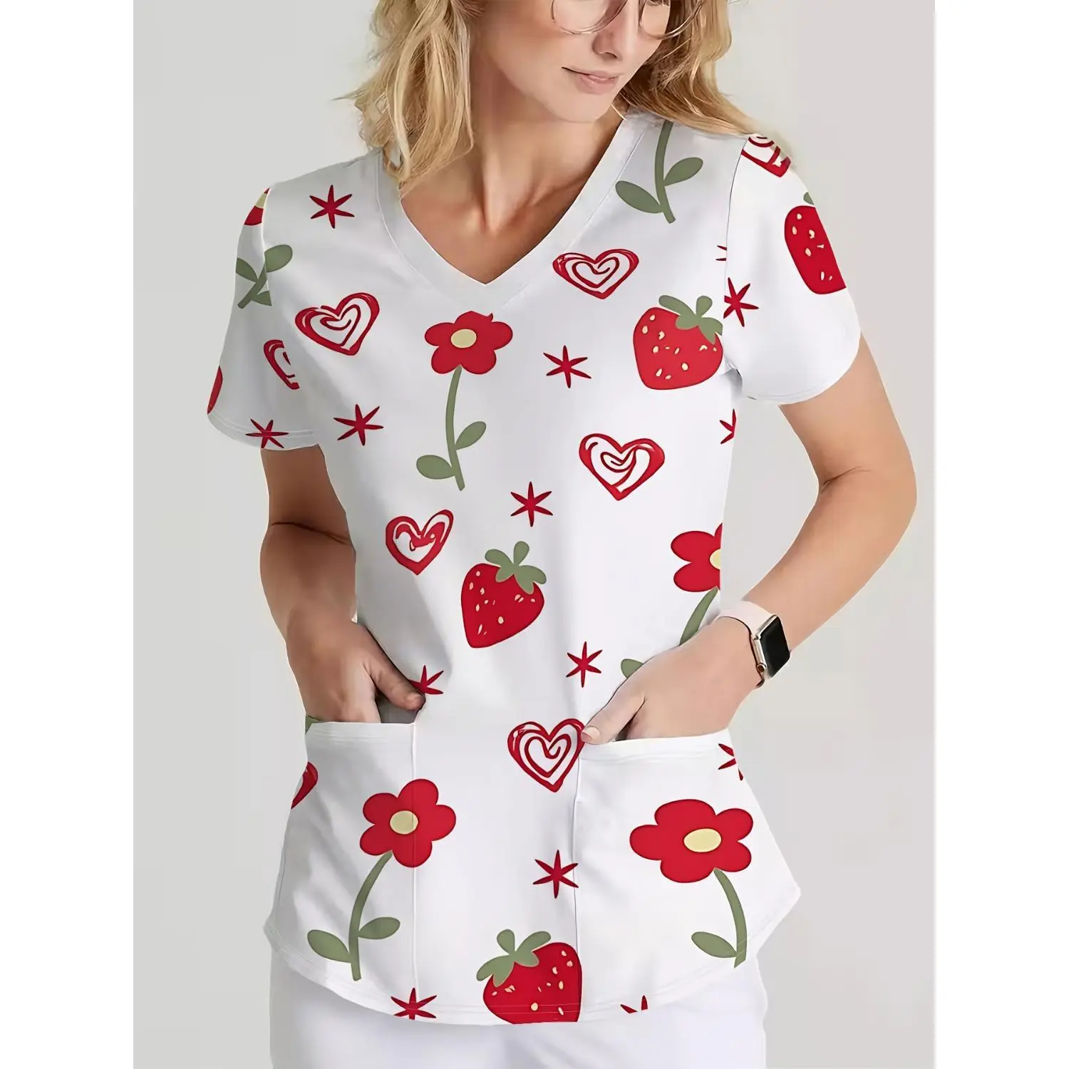 Women's Strawberry Floral V-Neck Short-Sleeve T-Shirt - Soft, Easy-Care Blouse with Front Design | Perfect for St. Patrick's Day Gifts, Easter Outfits, Casual Wear | Machine Washable