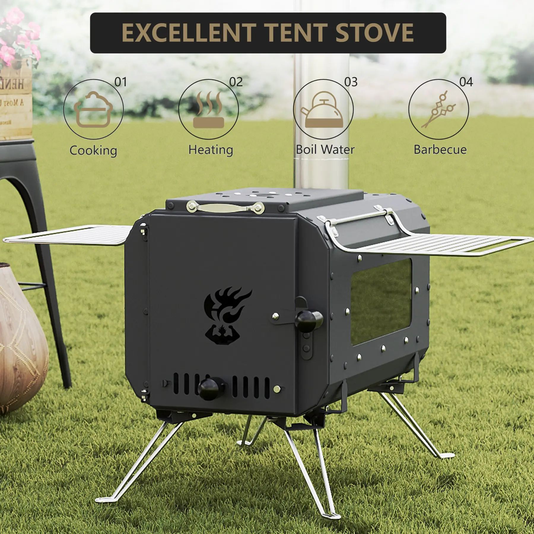 Summervibes Flash sale home items Portable Camping Stove & Heat Source – Compact Folding Cast Iron Heater with Chimney Pipes and High-Temperature Glass Window – Great for Outdoor Cooking, Hiking, Ice Fishing and Emergency Survival