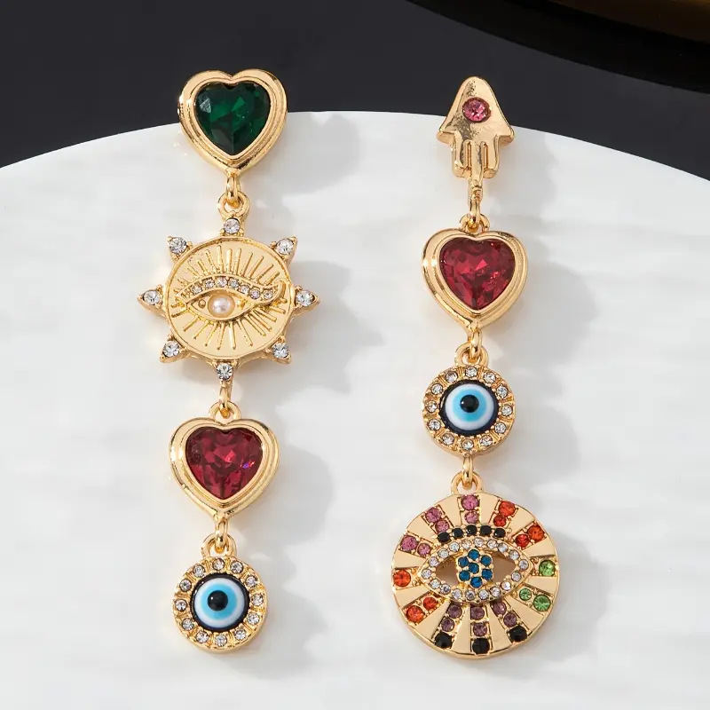 Unisex Vintage Heavy-Duty Textured Alloy Magnetic Earrings - Golden-Tone Coating, Heart-Sunburst-Floral Motifs, Multicolor Gemstone Accents, Stackable All Fit Yes Daily Costume Jewelry for Casual Attire, Gifting, EW3431302, Metal Coating, Retro