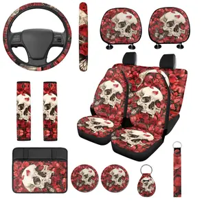 Skull&Roses Print Full Set of Car Interior Dacorations for Halloween Auto Stuff,Stylish Interior Accessories for Women&Man with Steering Wheel Fit Fun Car Seat Cover Vehicle Accessories Vehicle Stuff automotive decor