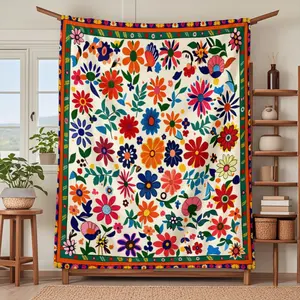 Soft Fleece Throw Blanket with Floral Otomi Pattern Bohemian Decor for Living Room Bedroom Sofa 4 Seasons Use Floral Print Blanket