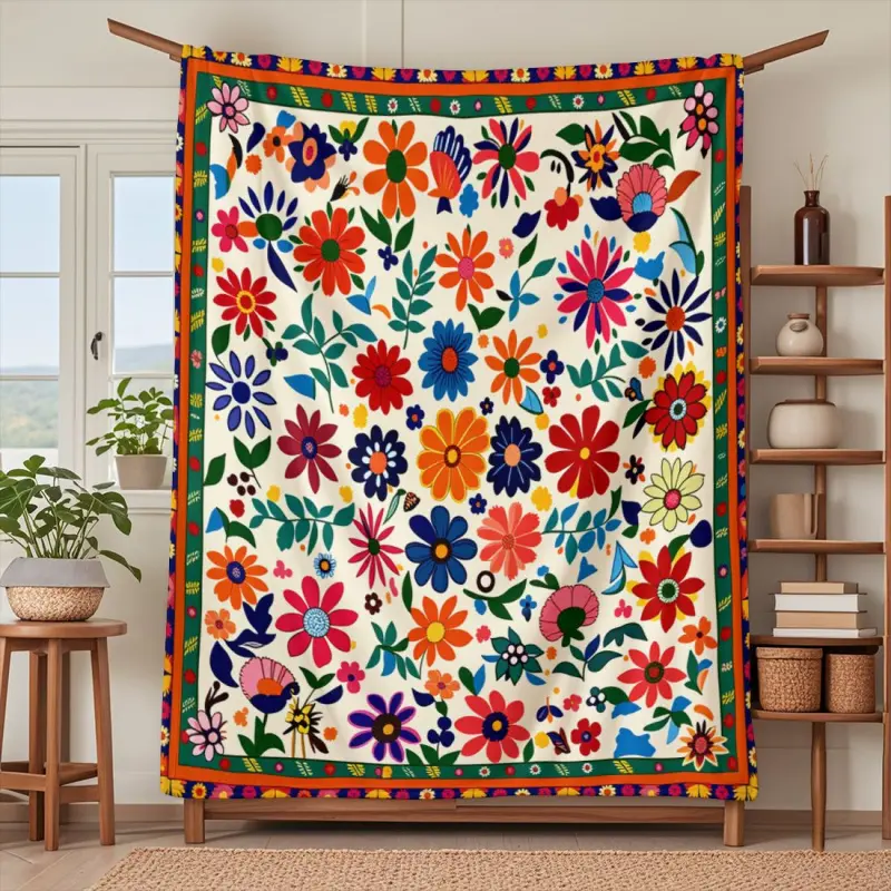 Soft Fleece Throw Blanket with Floral Otomi Pattern Bohemian Decor for Living Room Bedroom Sofa 4 Seasons Use Floral Print Blanket Decorative Blanket