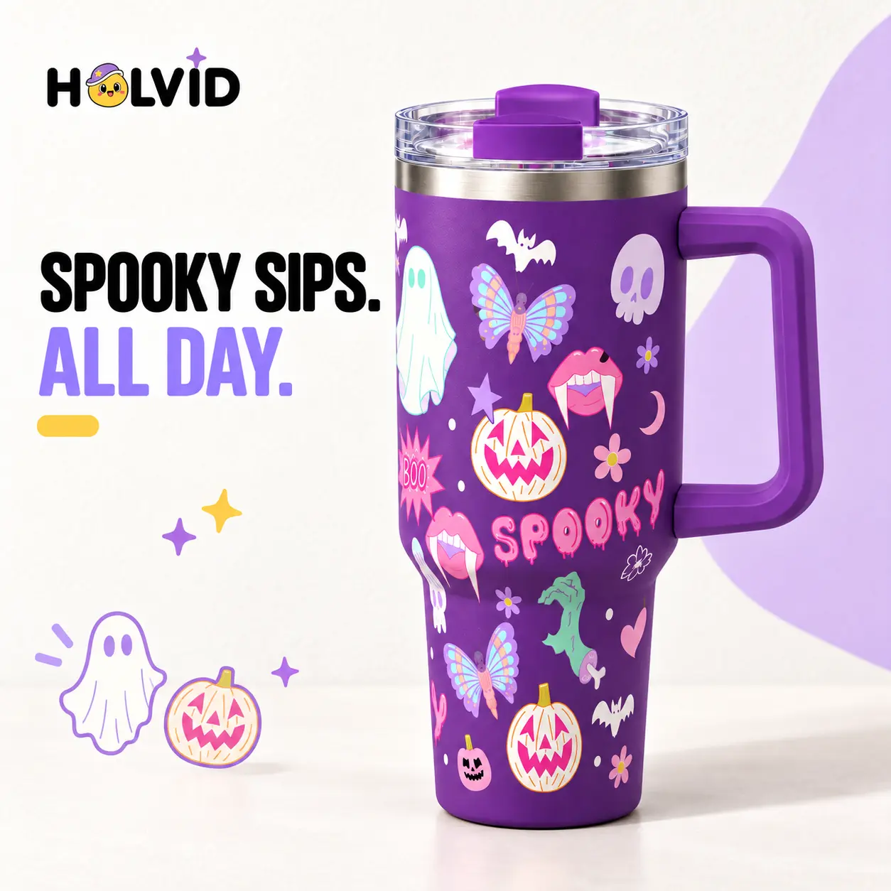 Spooky Season 40oz Tumbler with Lid and Straw, Halloween Cup Unisex Stainless Steel Thermal Cup - Portable BPA-Free Water Bottle with Silicone Straw, Leak-Proof Lid Eases Car-Cup Trips, Grip Handle